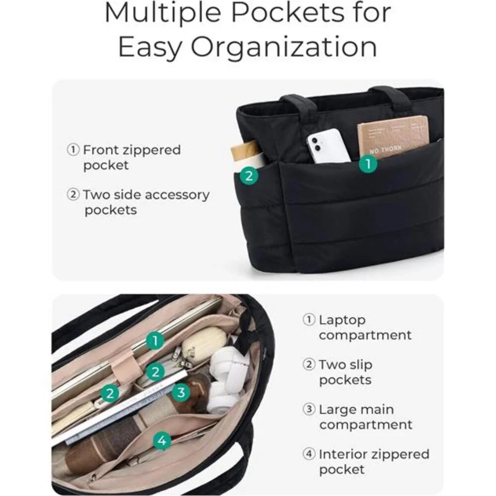 Tote Bag for Women, Lightweight Puffy Tote Bag with Compartments